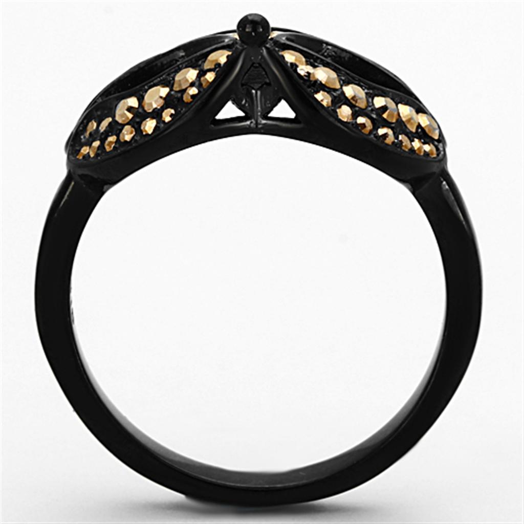 Elegant Women Stainless Steel Ring with Synthetic Crystals and IP Black Finish, featuring metallic light gold accents.