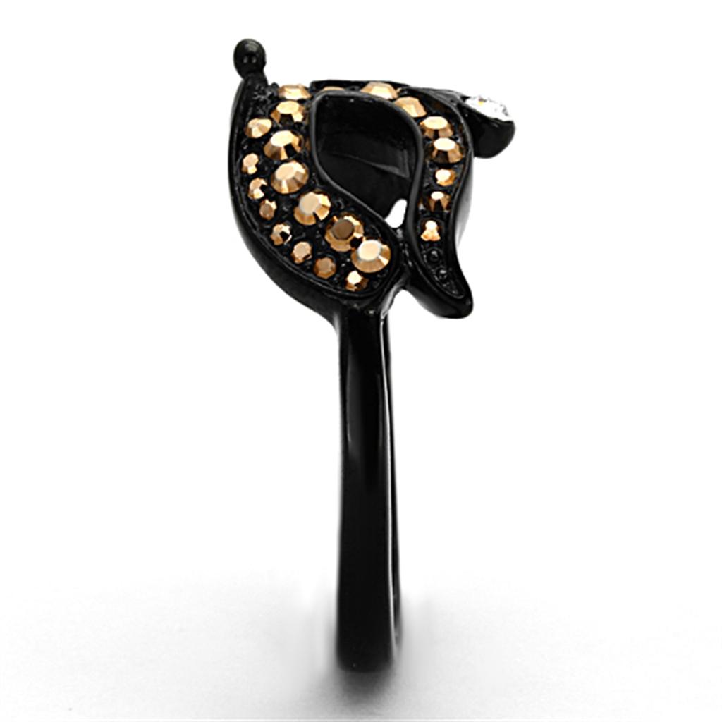 Elegant Women Stainless Steel Ring with Synthetic Crystals and IP Black Finish, featuring metallic light gold accents.