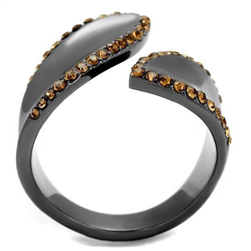 A stylish women's stainless steel ring featuring synthetic crystal accents and a smoked quartz design in IP light black finish.
