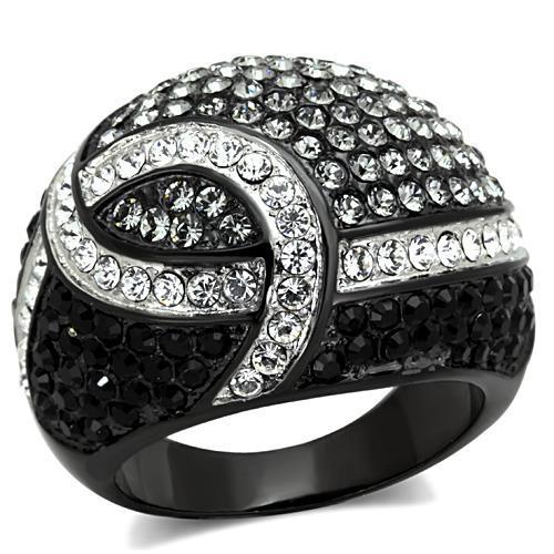 A stylish women's stainless steel ring featuring synthetic black diamonds in a two-tone IP black design.