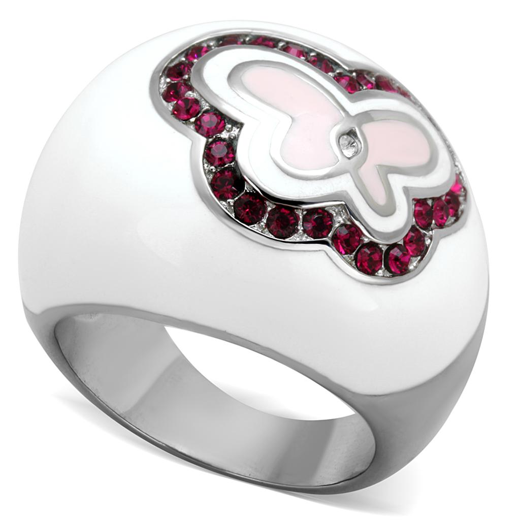A beautiful women's stainless steel ring featuring a high polished finish and a synthetic ruby crystal centerpiece, perfect for elegant occasions.