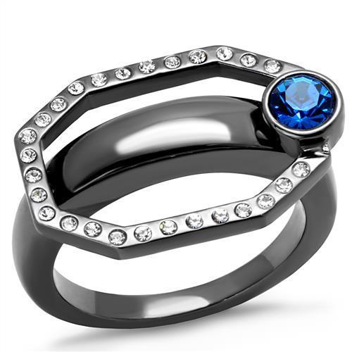 Women Stainless Steel Ring featuring a round Capri blue synthetic crystal with an IP light black finish.