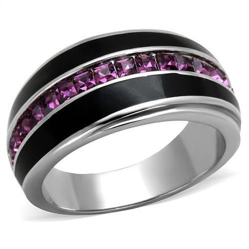 A stylish women's stainless steel ring featuring a synthetic amethyst crystal, showcasing a high polish finish.