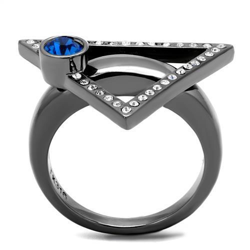 A stylish women's stainless steel ring featuring synthetic crystals in Capri Blue, showcasing a round design with an IP light black finish.