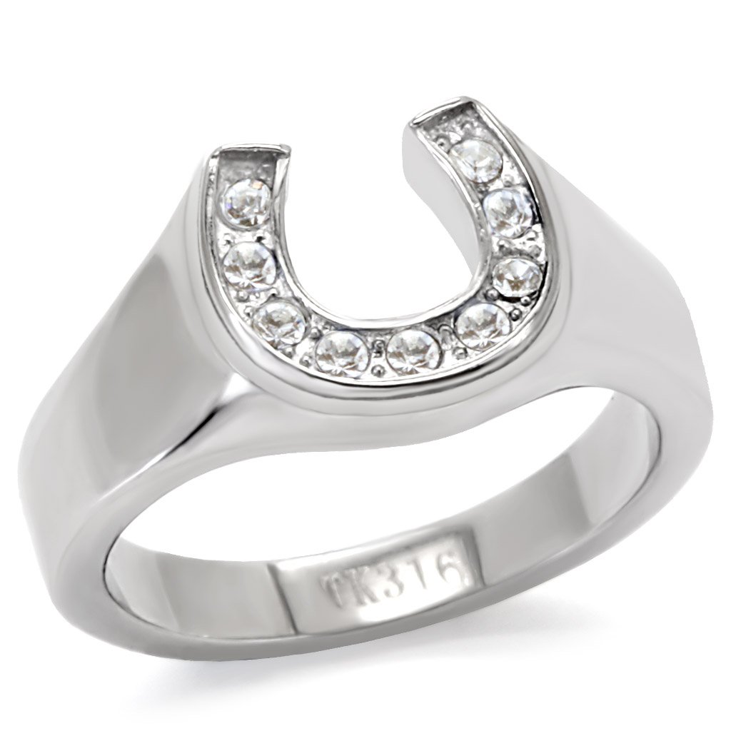 Elegant women’s stainless steel ring featuring a clear synthetic crystal, high-polished finish, perfect for stylish accessorizing.