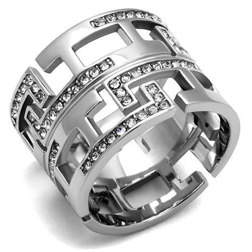 A collection of elegant women stainless steel rings featuring high-polished finishes and clear synthetic crystals, showcasing their beauty and durability.