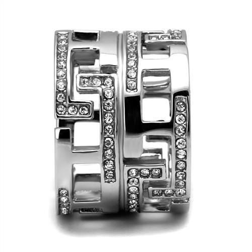 A collection of elegant women stainless steel rings featuring high-polished finishes and clear synthetic crystals, showcasing their beauty and durability.