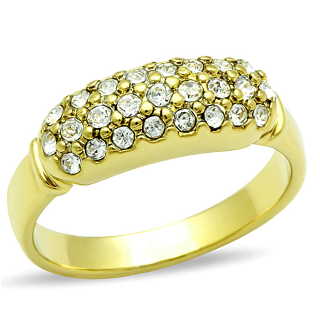 Elegant women’s stainless steel ring with synthetic crystal and IP gold plating, showcasing a sparkling design.