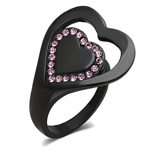 Elegant women’s stainless steel ring featuring a light rose synthetic crystal and IP black ion plating.
