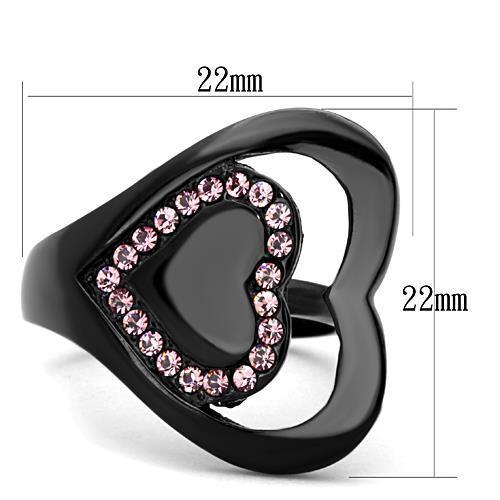 Elegant women’s stainless steel ring featuring a light rose synthetic crystal and IP black ion plating.
