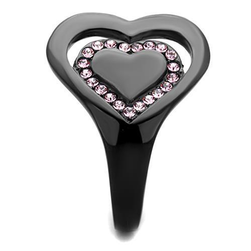 Elegant women’s stainless steel ring featuring a light rose synthetic crystal and IP black ion plating.