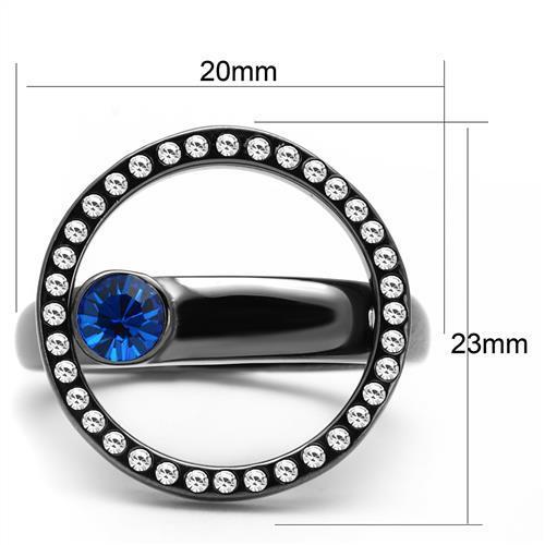 Elegant women stainless steel ring featuring synthetic crystal in Capri blue color with IP light black finish.