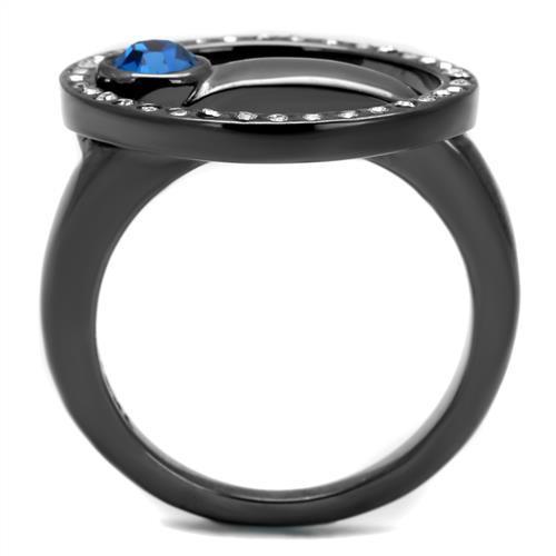 Elegant women stainless steel ring featuring synthetic crystal in Capri blue color with IP light black finish.