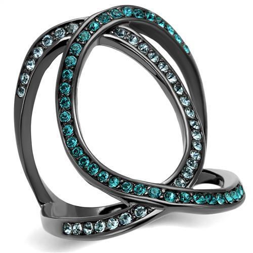 A collection of Women Stainless Steel Synthetic Crystal Rings featuring multi-color synthetic crystals and a sleek IP Light Black finish.