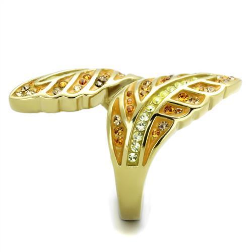A collection of women’s stainless steel rings featuring synthetic crystals in various vibrant colors and IP gold plating.