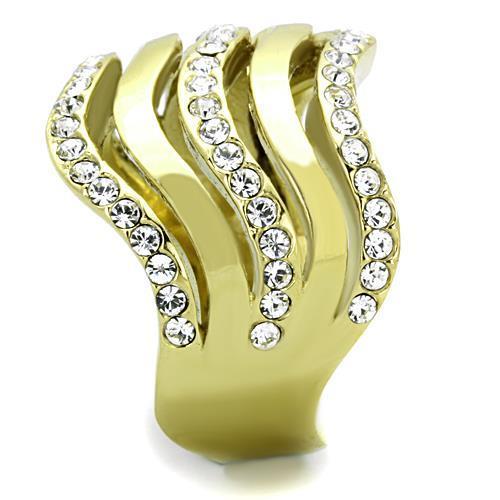 A collection of elegant women stainless steel rings featuring synthetic crystals and IP gold plating, showcasing their shine and intricate designs.