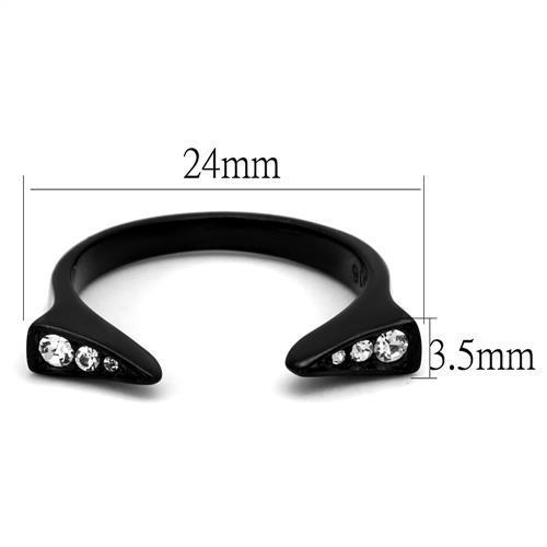 A stylish women's ring made of stainless steel with a black ion plating finish and a clear synthetic crystal centerpiece.