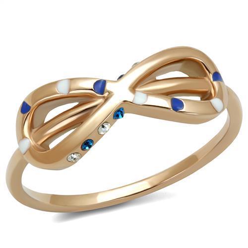 A stylish women's ring made of stainless steel with IP rose gold plating and synthetic sapphire crystals, showcasing elegance and durability.