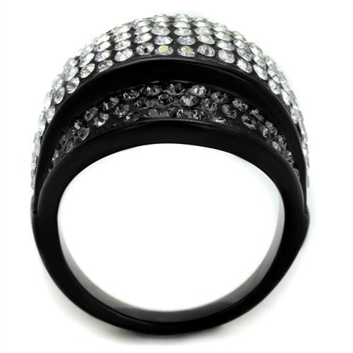 A collection of elegant women stainless steel rings featuring synthetic crystals in various colors and an IP black ion plating finish.