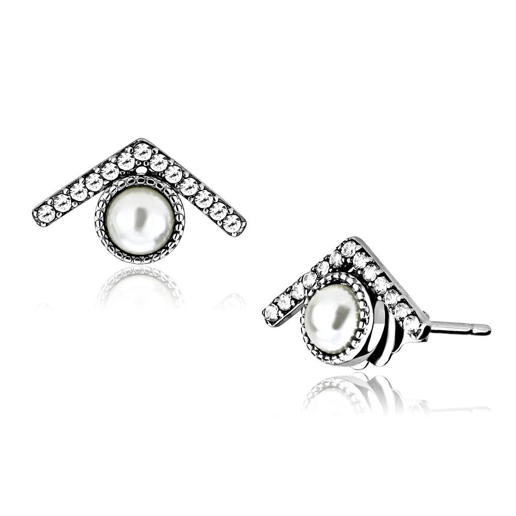 Elegant women stainless steel earrings featuring synthetic white pearls, showcasing a high-polished finish for a sophisticated look.