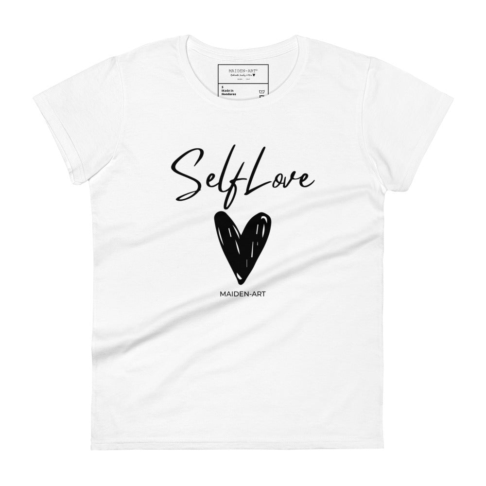 Women's short sleeve shirt in various colors with 'Self Love' print, showcasing a classic fit and soft cotton fabric.