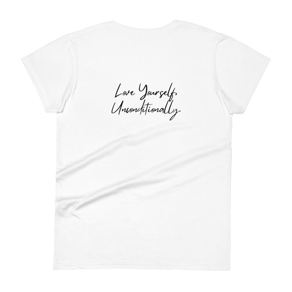 Women's short sleeve shirt in various colors with 'Self Love' print, showcasing a classic fit and soft cotton fabric.