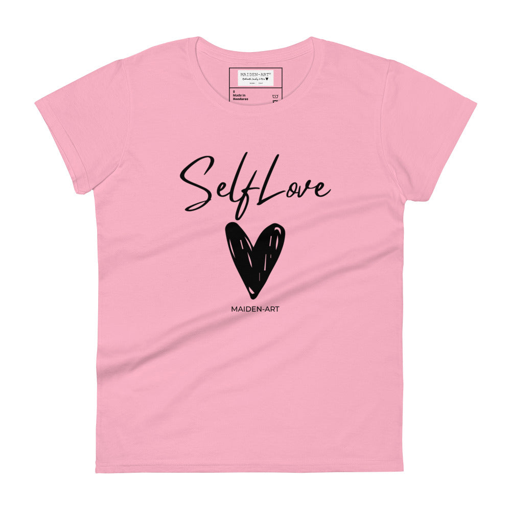 Women's short sleeve shirt in various colors with 'Self Love' print, showcasing a classic fit and soft cotton fabric.