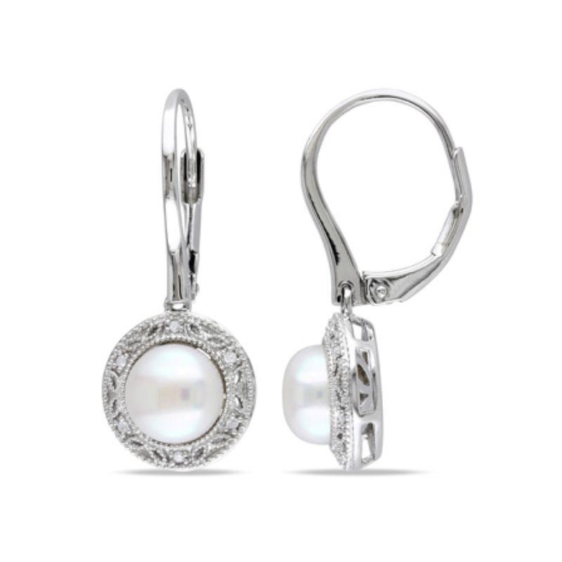 Elegant Women's White Cultured Freshwater Pearl and Diamond Filigree Earrings in sterling silver, showcasing 7.5-8mm pearls and sparkling diamond accents.