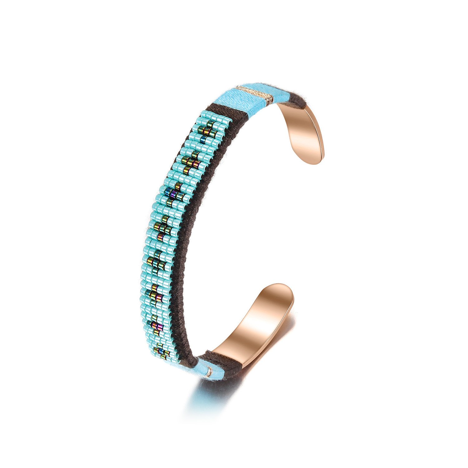 A stylish woven beaded bangle made from 316L surgical stainless steel with 14K gold PVD plating, showcasing intricate bead patterns.
