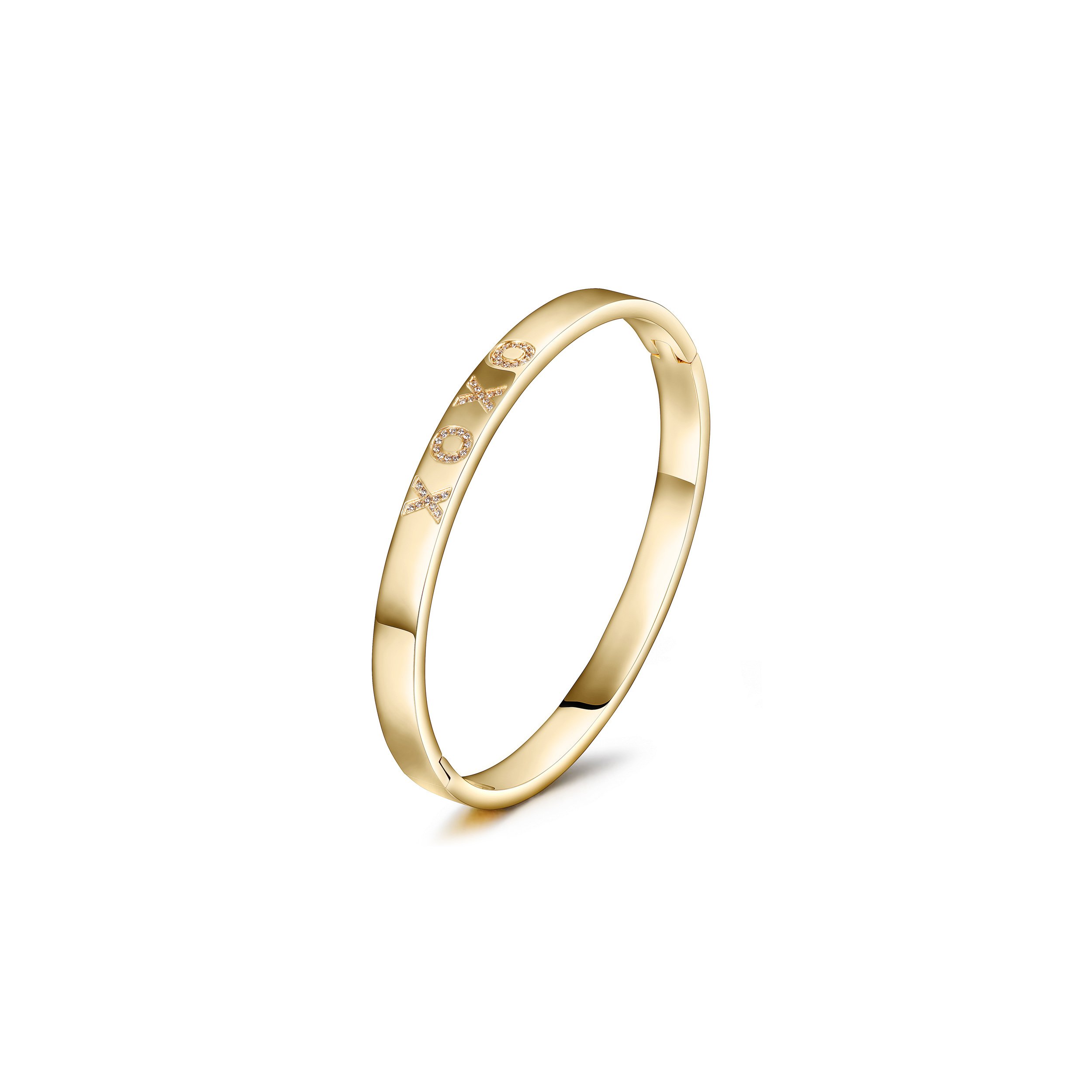 XOXO Love Bangle made of 316L surgical stainless steel with 14K gold PVD plating, showcasing its elegant design and durability.