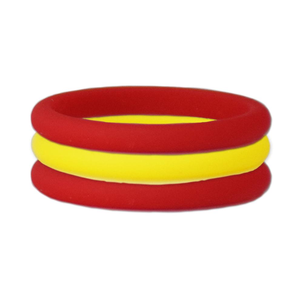 A vibrant yellow and red stackable silicone ring displayed on a white background, showcasing its sleek design and flexibility.