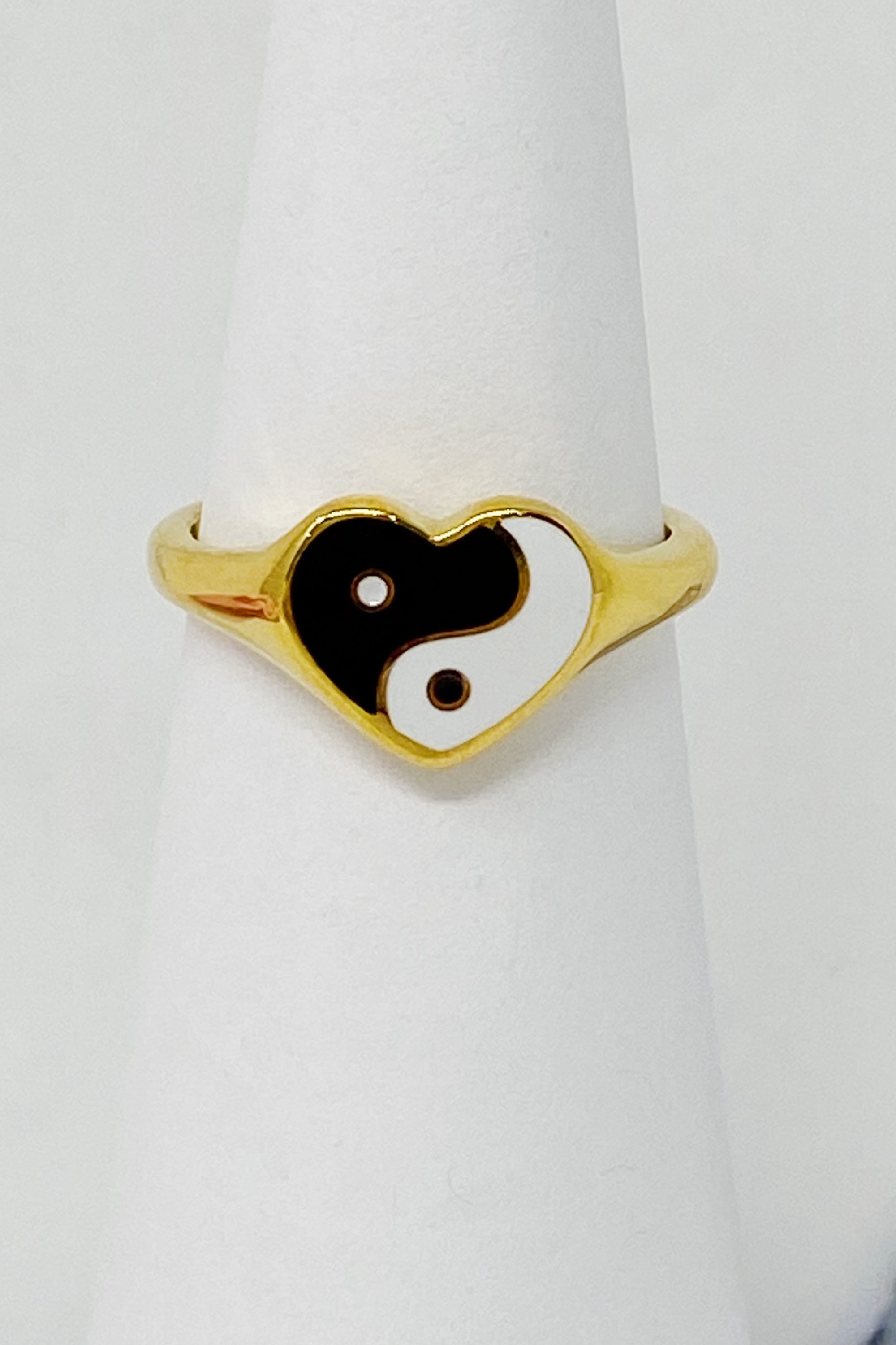 Yin Yang Heart Signet Ring featuring a heart shape and yin yang design, crafted from 18K gold plated stainless steel.