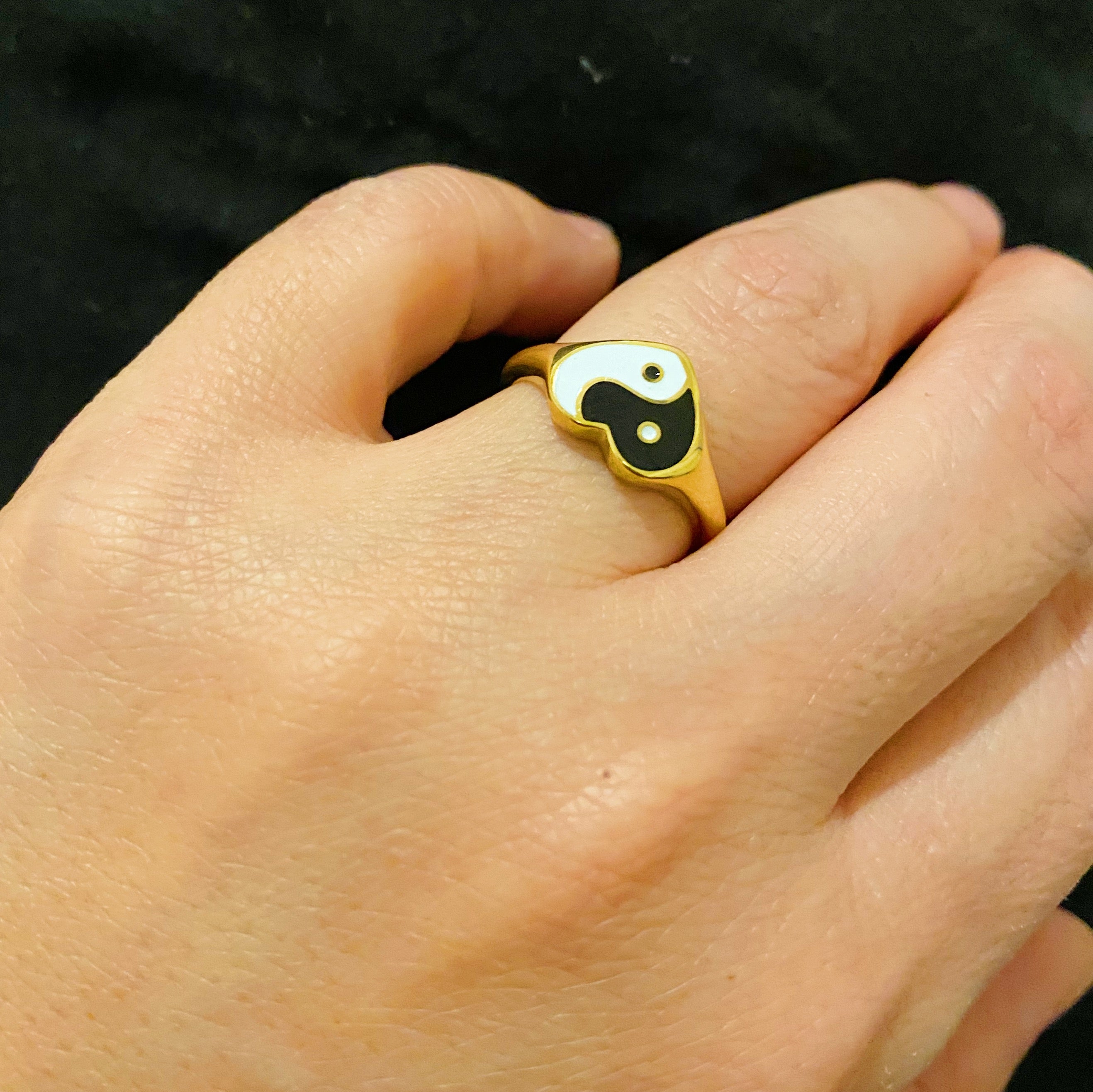 Yin Yang Heart Signet Ring featuring a heart shape and yin yang design, crafted from 18K gold plated stainless steel.