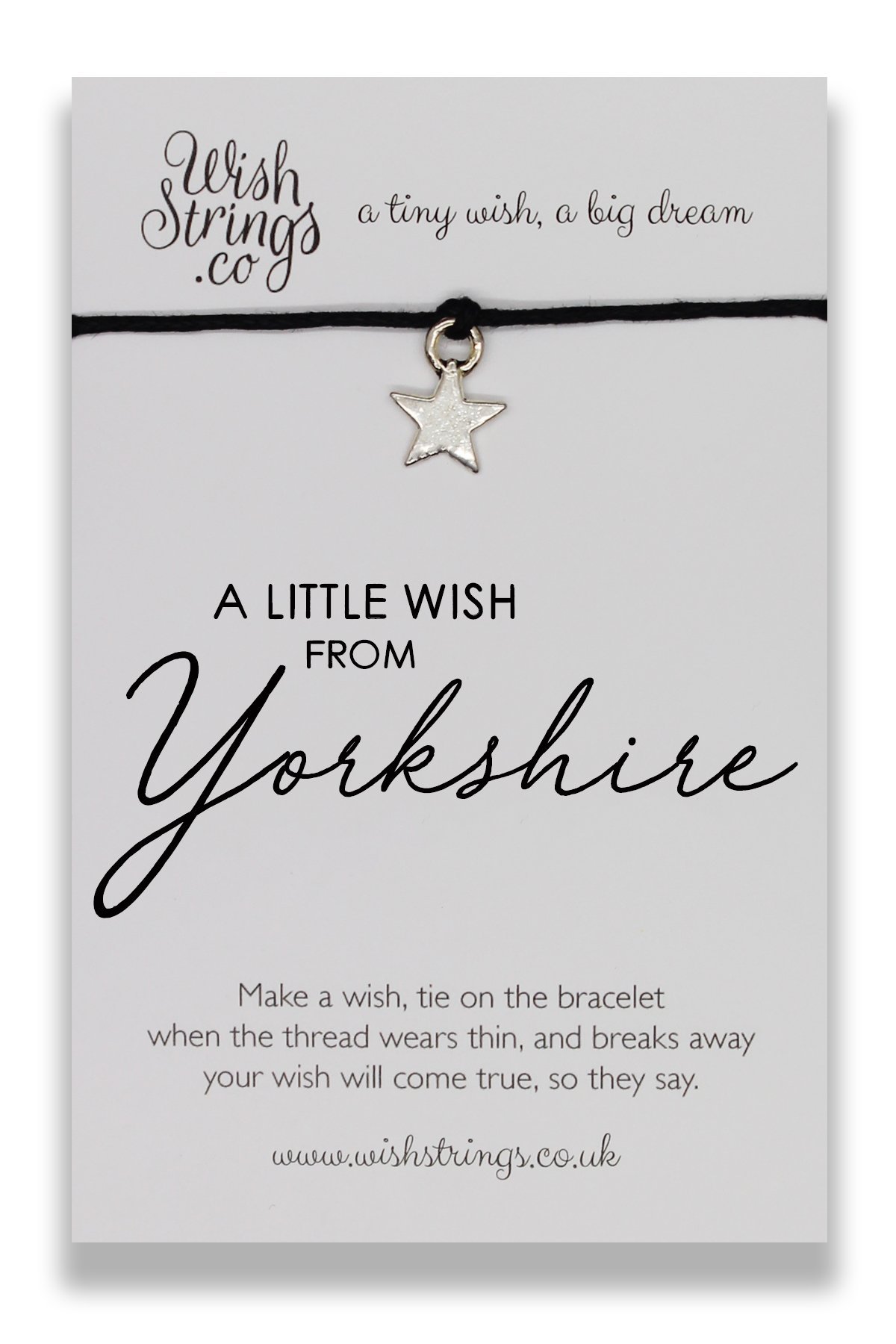 YORKSHIRE WishStrings Wish Bracelet featuring a Tibetan Silver charm on waxed cotton cord, beautifully presented on an inspirational display card.