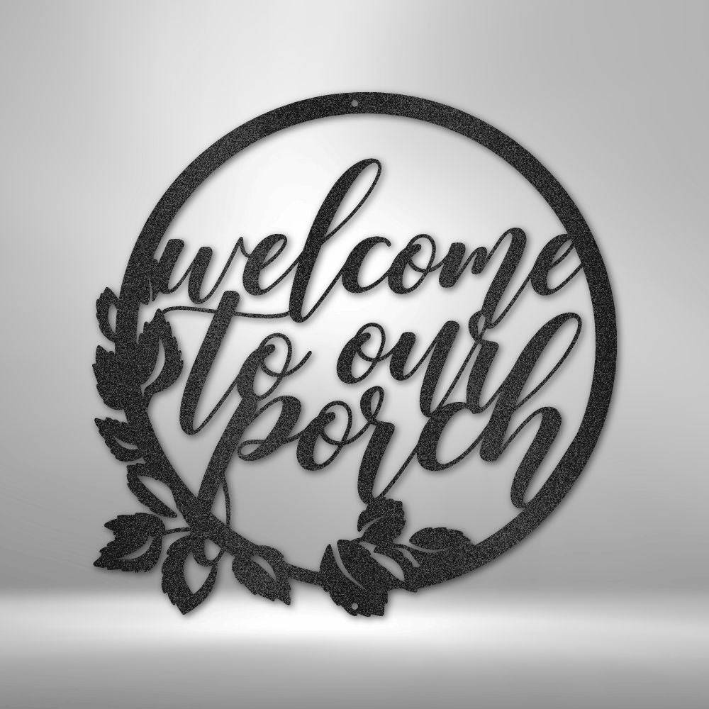 Metal wall art featuring the phrase 'You Are Welcomed Here', crafted from mild steel with a powder-coated finish, suitable for indoor and outdoor display.