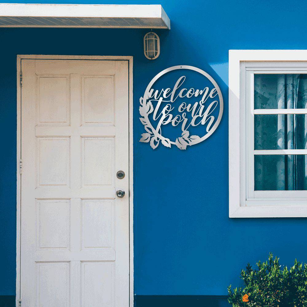 Metal wall art featuring the phrase 'You Are Welcomed Here', crafted from mild steel with a powder-coated finish, suitable for indoor and outdoor display.