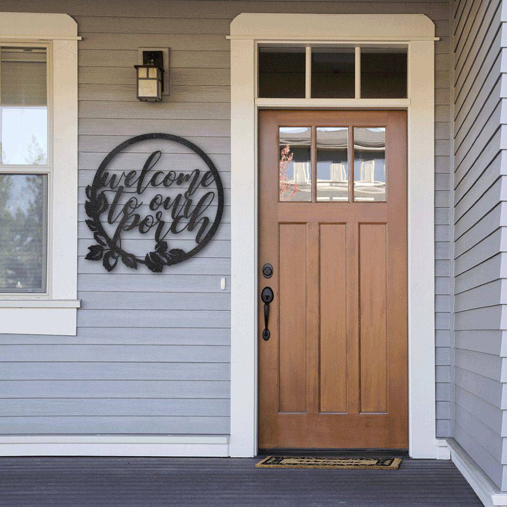 Metal wall art featuring the phrase 'You Are Welcomed Here', crafted from mild steel with a powder-coated finish, suitable for indoor and outdoor display.