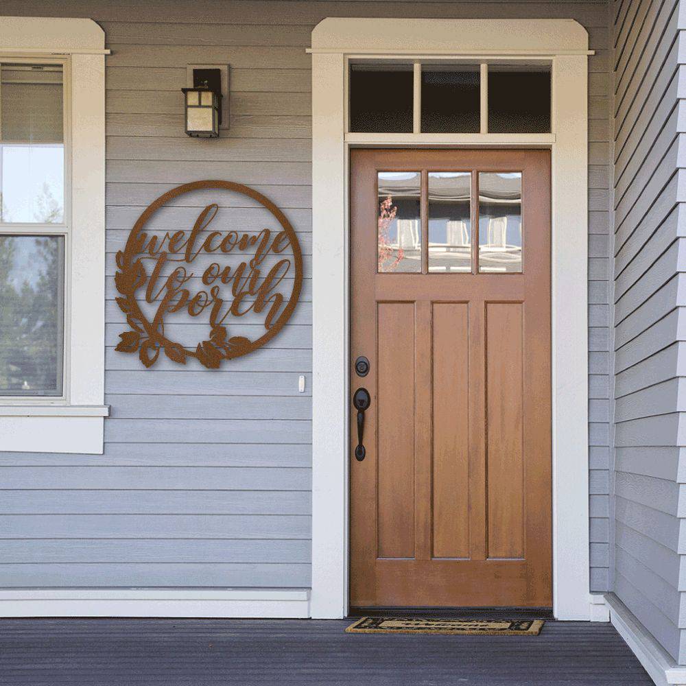 Metal wall art featuring the phrase 'You Are Welcomed Here', crafted from mild steel with a powder-coated finish, suitable for indoor and outdoor display.