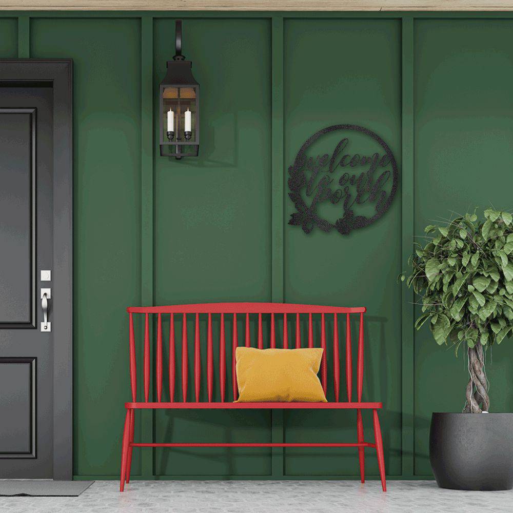 Metal wall art featuring the phrase 'You Are Welcomed Here', crafted from mild steel with a powder-coated finish, suitable for indoor and outdoor display.