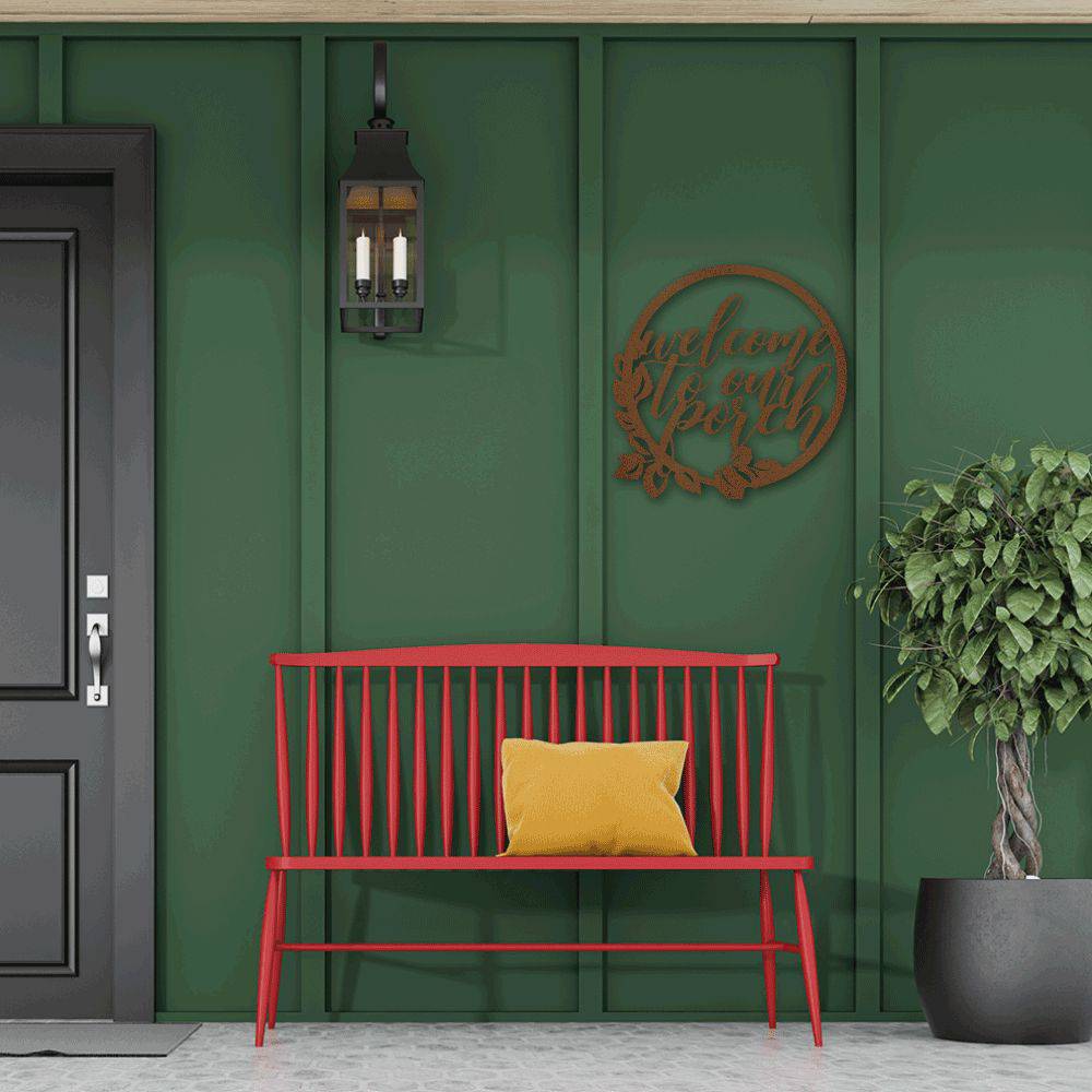 Metal wall art featuring the phrase 'You Are Welcomed Here', crafted from mild steel with a powder-coated finish, suitable for indoor and outdoor display.