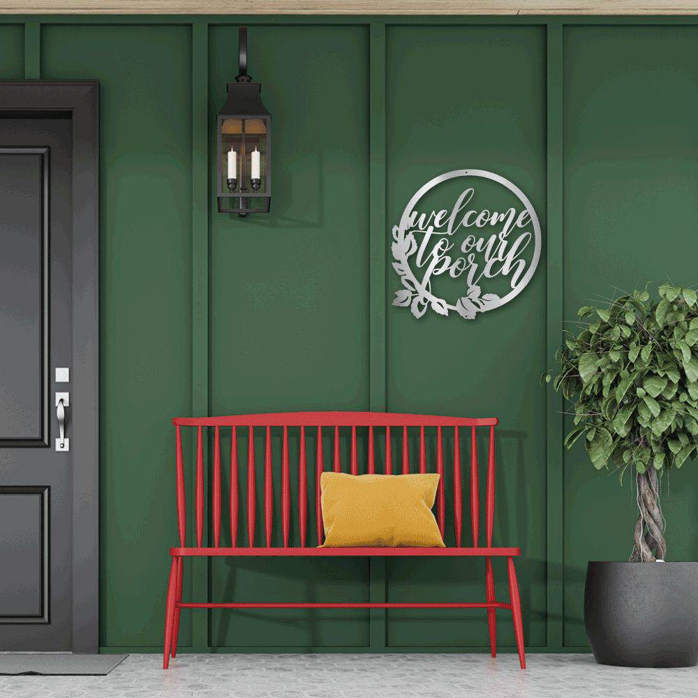 Metal wall art featuring the phrase 'You Are Welcomed Here', crafted from mild steel with a powder-coated finish, suitable for indoor and outdoor display.