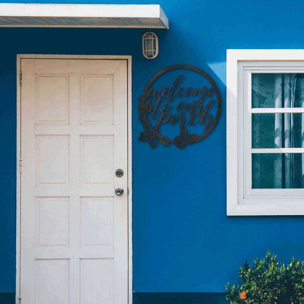 Metal wall art featuring the phrase 'You Are Welcomed Here', crafted from mild steel with a powder-coated finish, suitable for indoor and outdoor display.