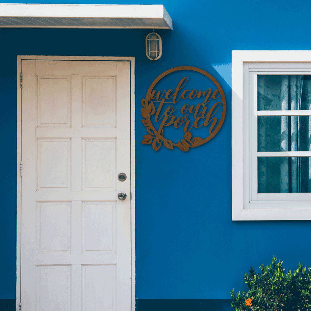 Metal wall art featuring the phrase 'You Are Welcomed Here', crafted from mild steel with a powder-coated finish, suitable for indoor and outdoor display.