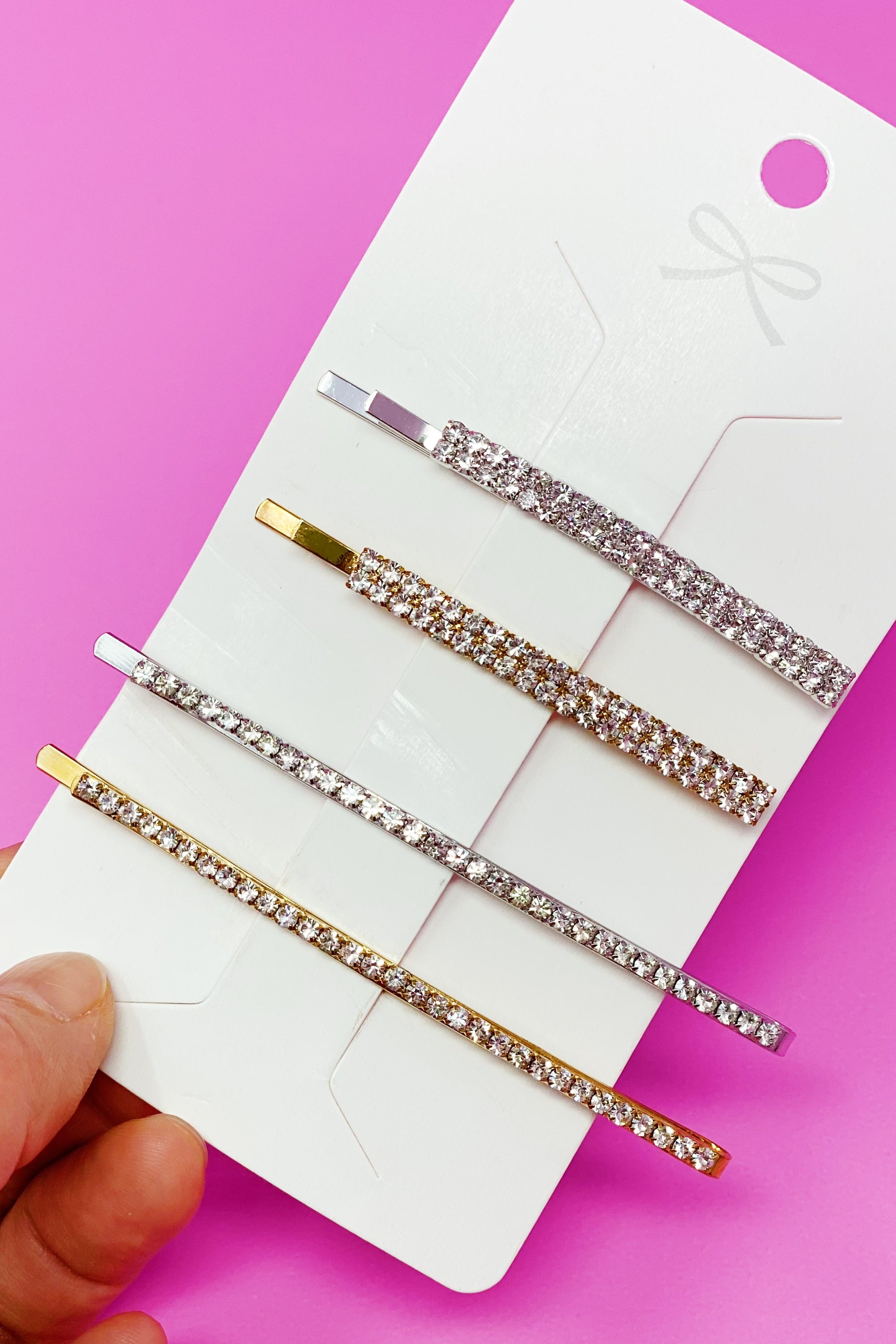 Your Shiness CZ Hair Pin Set featuring 4 shiny bobby pins in gold and silver tones, displayed in a clear cello bag.