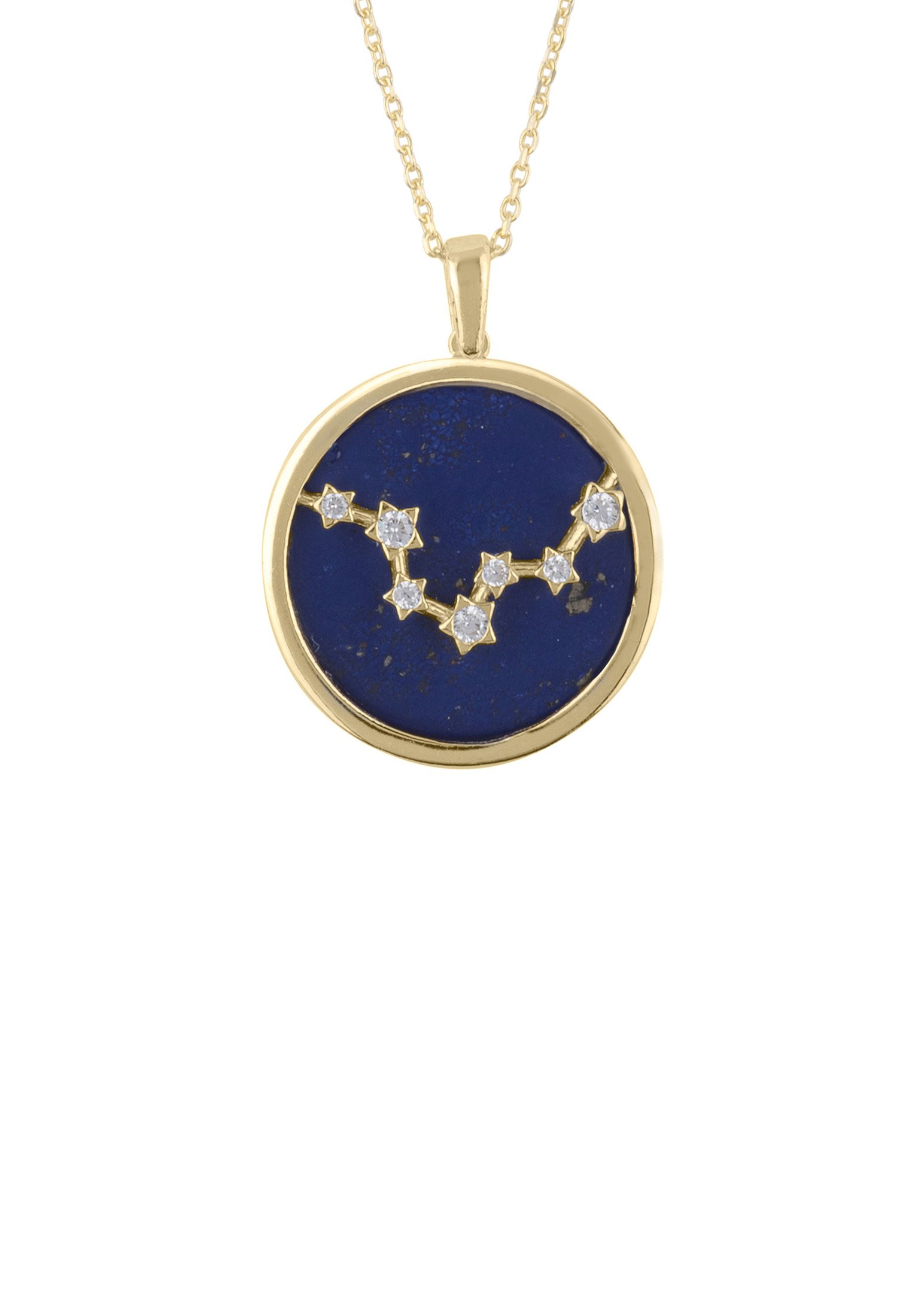 Zodiac Lapis Lazuli Gemstone Star Constellation Pendant Necklace in gold, featuring a deep blue lapis lazuli stone and sparkling cubic zirconia.