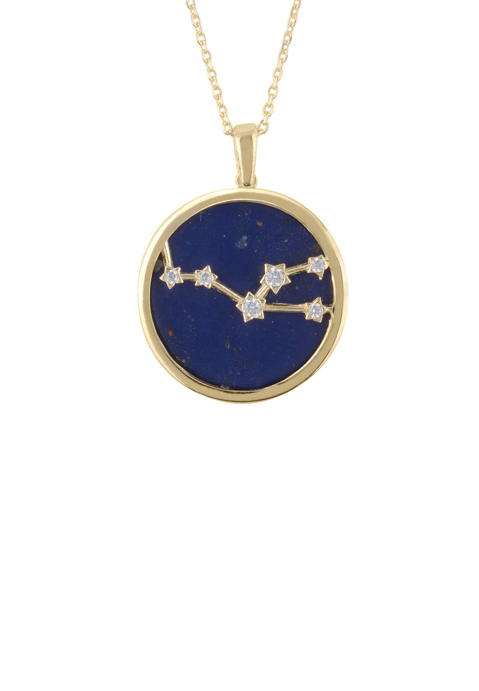 Zodiac Lapis Lazuli Gemstone Star Constellation Pendant Necklace in gold-dipped sterling silver with white cubic zirconia.