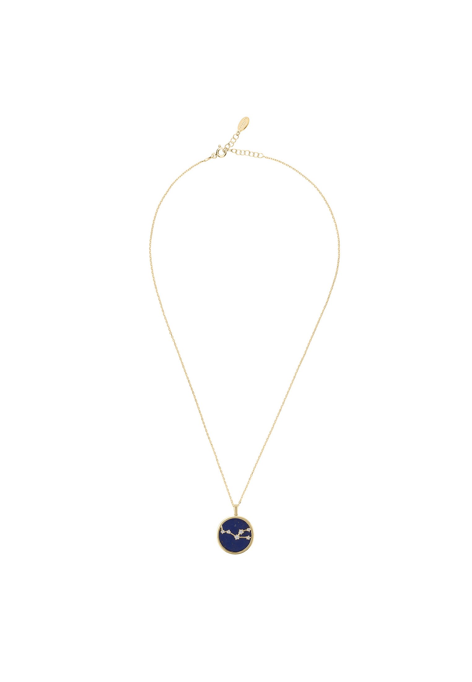 Zodiac Lapis Lazuli Gemstone Star Constellation Pendant Necklace in gold-dipped sterling silver with white cubic zirconia.