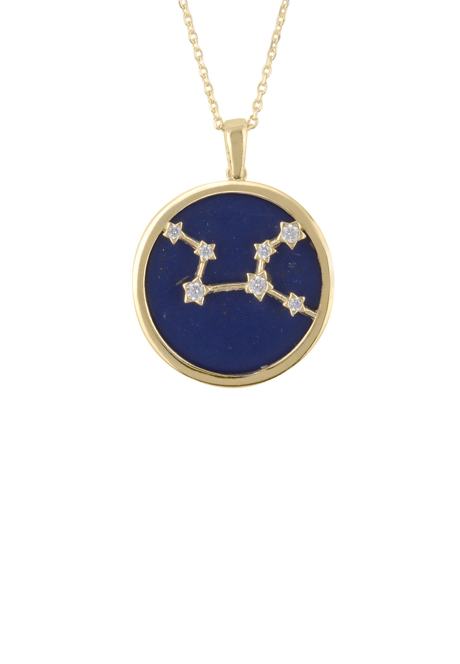 Zodiac Lapis Lazuli Gemstone Star Constellation Pendant Necklace in gold, featuring a dark blue lapis lazuli stone and sparkling cubic zirconia.