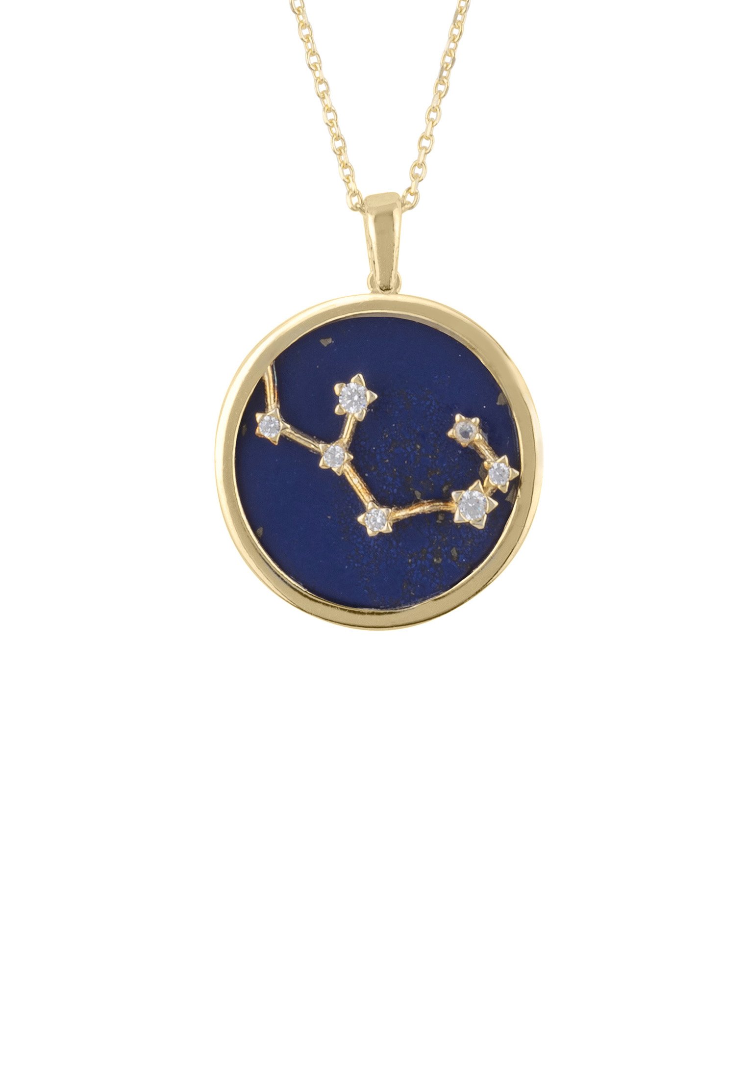 Zodiac Lapis Lazuli Gemstone Star Constellation Pendant Necklace in gold, featuring a deep blue lapis lazuli stone and sparkling cubic zirconia.
