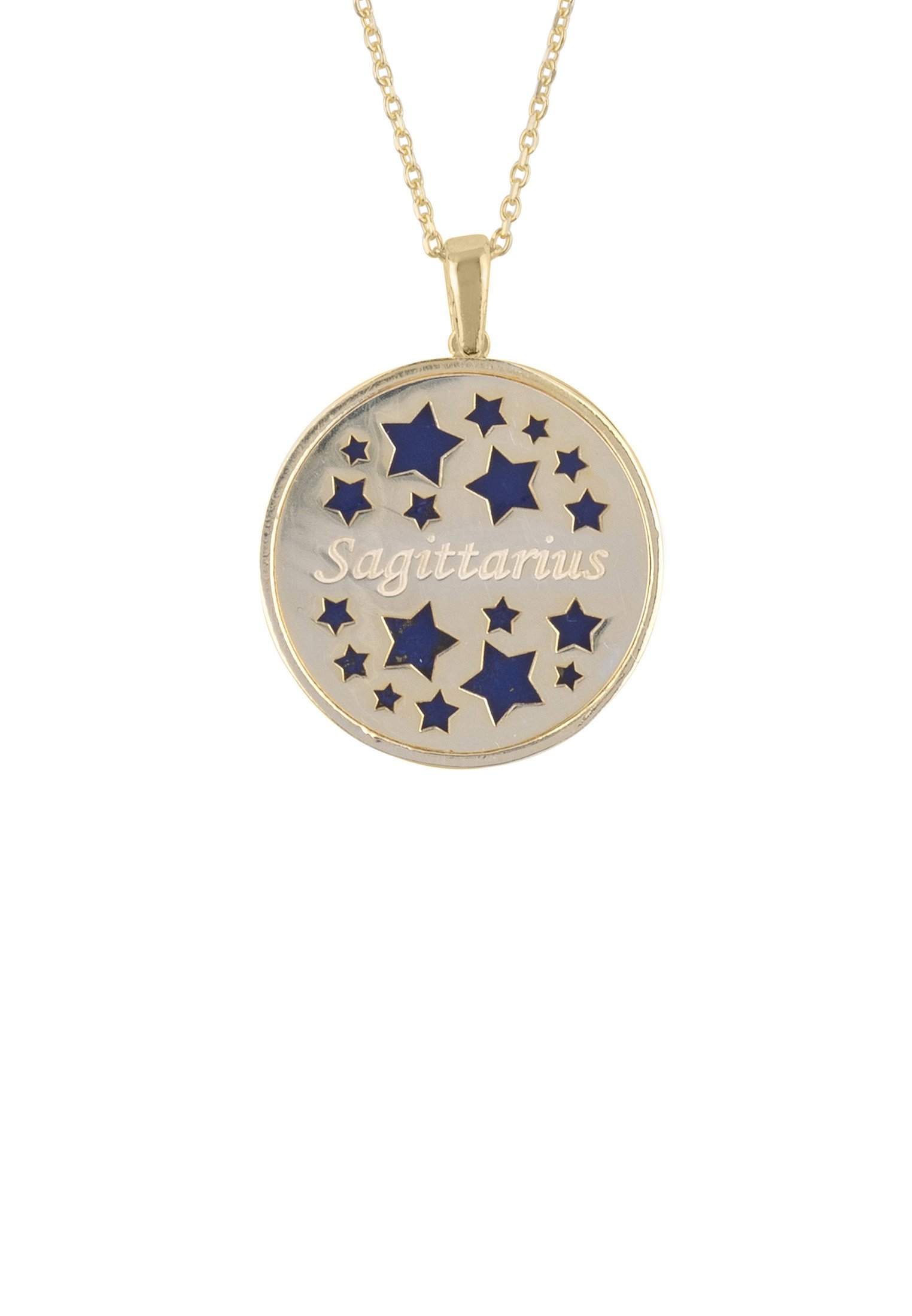 Zodiac Lapis Lazuli Gemstone Star Constellation Pendant Necklace in gold, featuring a deep blue lapis lazuli stone and sparkling cubic zirconia.
